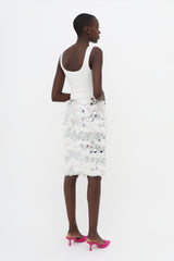 Nina Ricci White & Silver-Tone SS14 Embellished Ruffle Skirt