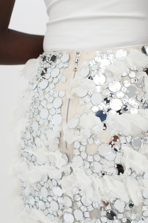Nina Ricci White & Silver-Tone SS14 Embellished Ruffle Skirt