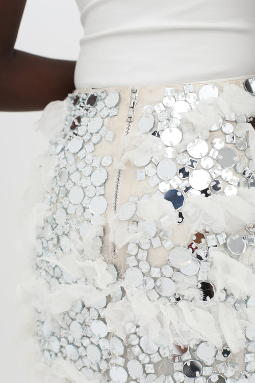 Nina Ricci // White & Silver-Tone SS14 Embellished Ruffle Skirt 