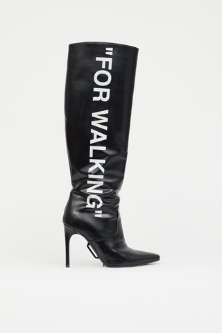 Off-White Black Leather "For Walking" Knee High Boot