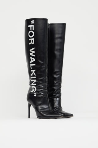 Off-White Black Leather "For Walking" Knee High Boot