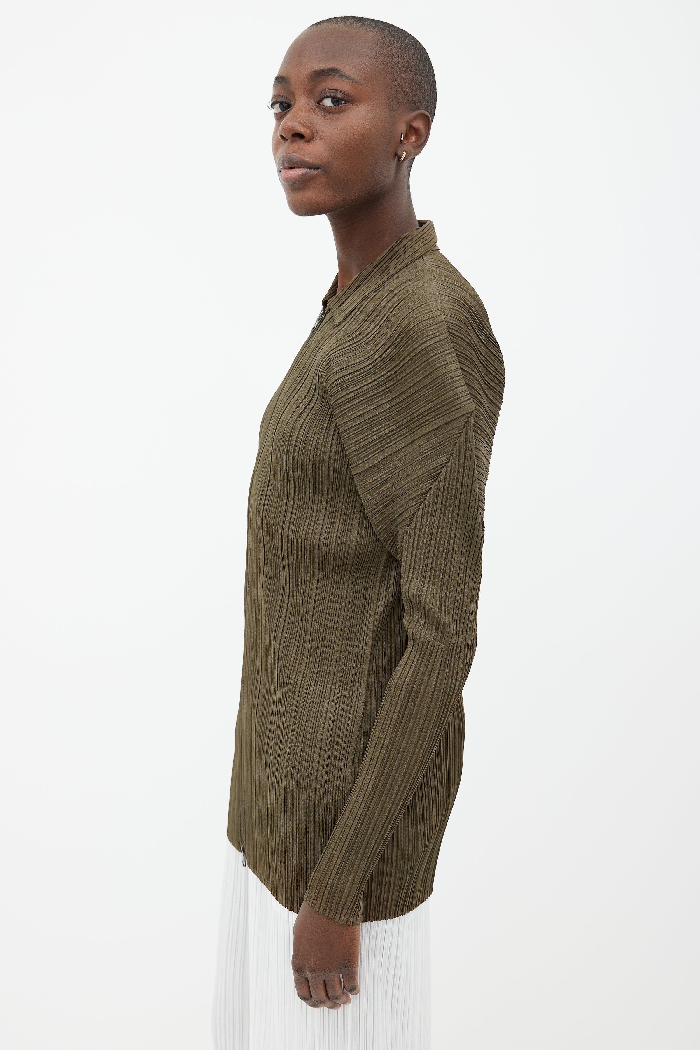 Pleats Please Issey Miyake // Olive Green Full-Zip Pleated Top