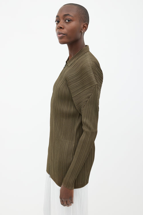 Pleats Please Issey Miyake Olive Green Pleated Full-Zip Top