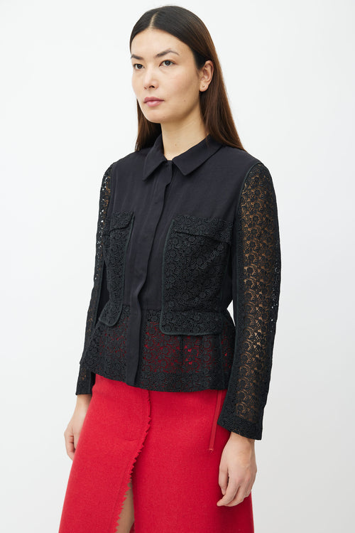 Prada Black Floral Lace Peplum Shirt