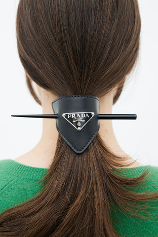Prada Black Leather Triangle Logo Hair Clip
