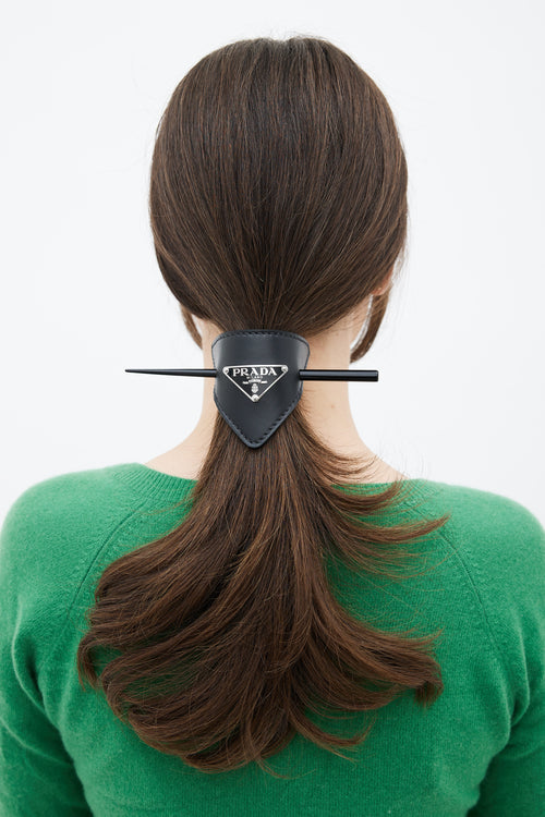 Prada Black Leather Triangle Logo Hair Clip