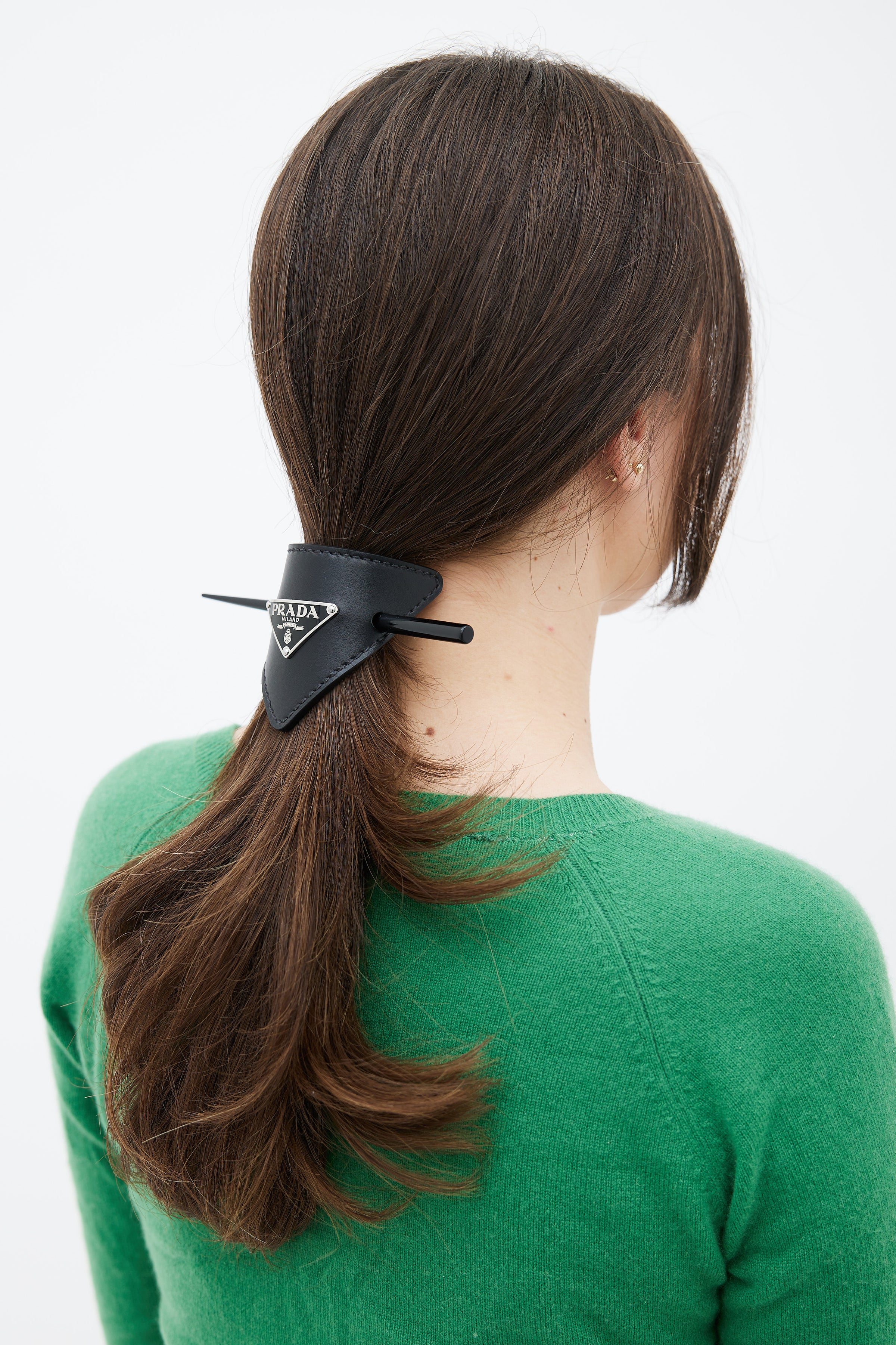 Prada // Black Leather Triangle Logo Hair Clip – VSP Consignment