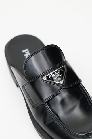 Prada Black Brushed Leather Logo Mule
