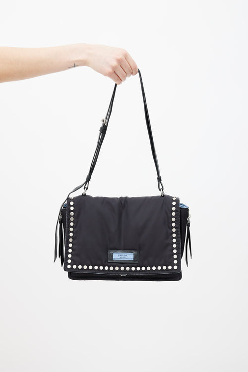 Prada Black Nylon Studded Etiquette Shoulder Bag
