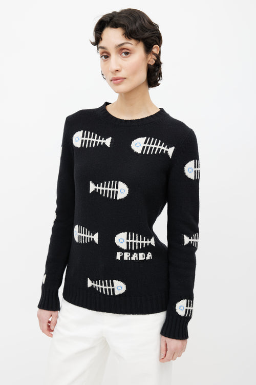 Prada Black & White Cashmere Blend Graphic Sweater