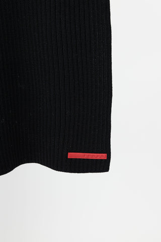 Prada Black Ribbed Knit Logo Scarf