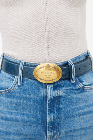 Prada Blue Leather & Gold Oval Logo Buckle Belt