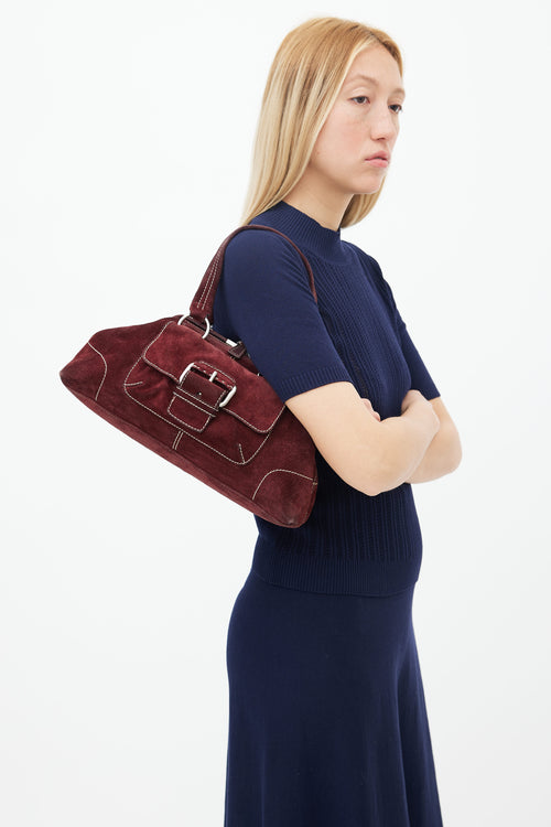 Prada Burgundy Suede Contrast Stitch Shoulder Bag