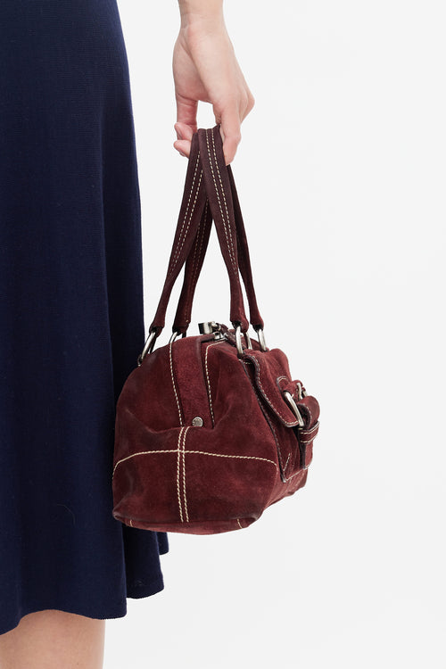 Prada Burgundy Suede Contrast Stitch Shoulder Bag