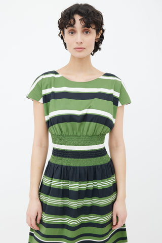 Prada Green, Navy & White Striped Gathered Dress