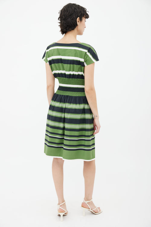 Prada Green, Navy & White Striped Gathered Dress