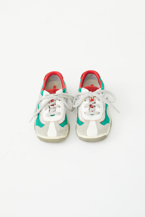 Prada Kids Silver, Green & Red Lace-Up Sneaker