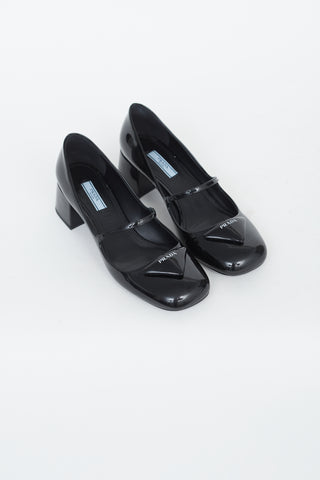 Black Patent Leather Triangle Logo Mary Jane Pumps