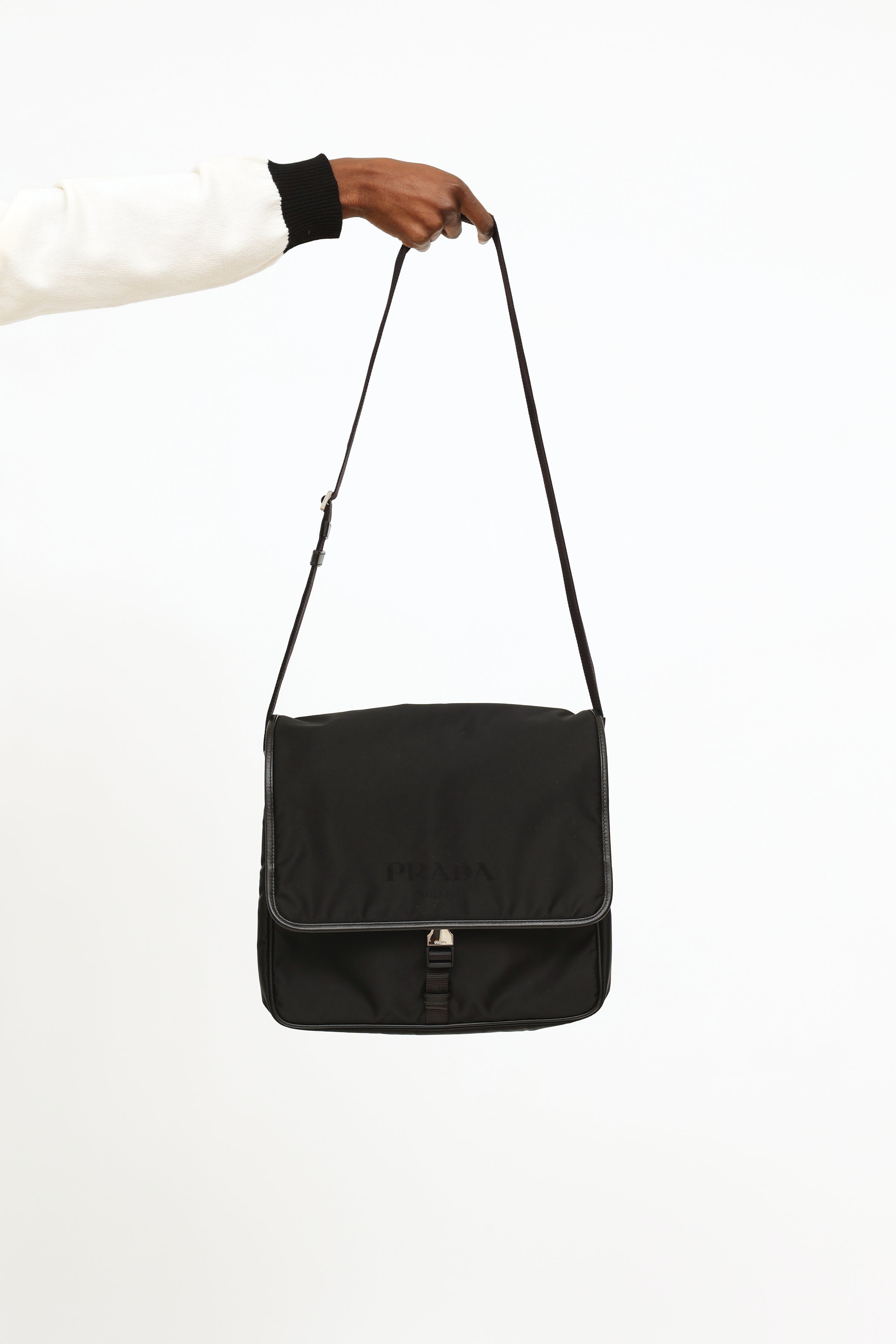 PRADA Tessuto Nylon Saffiano Messenger Bag Black | FASHIONPHILE
