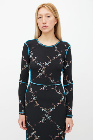 Preen Black Floral Print & Contrast Stitch Dress