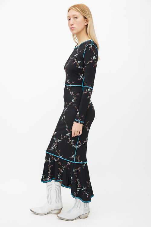 Preen Black Floral Print & Contrast Stitch Dress