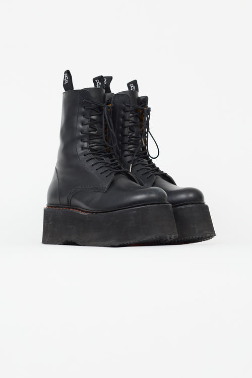 R14 Black Leather Double Stack Platform Boot