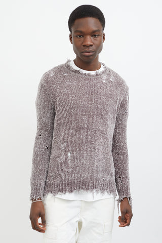 R14 Grey Knit Distressed Chenille Crewneck Sweater