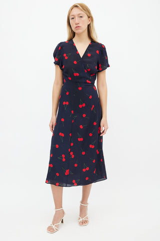 Réalisation Par Navy Silk Printed Red Cherry Wrap Dress