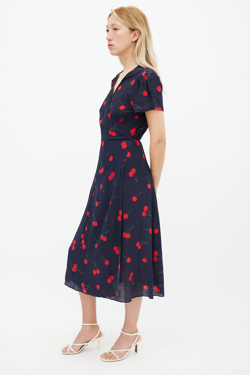 Réalisation Par Navy Silk Printed Red Cherry Wrap Dress