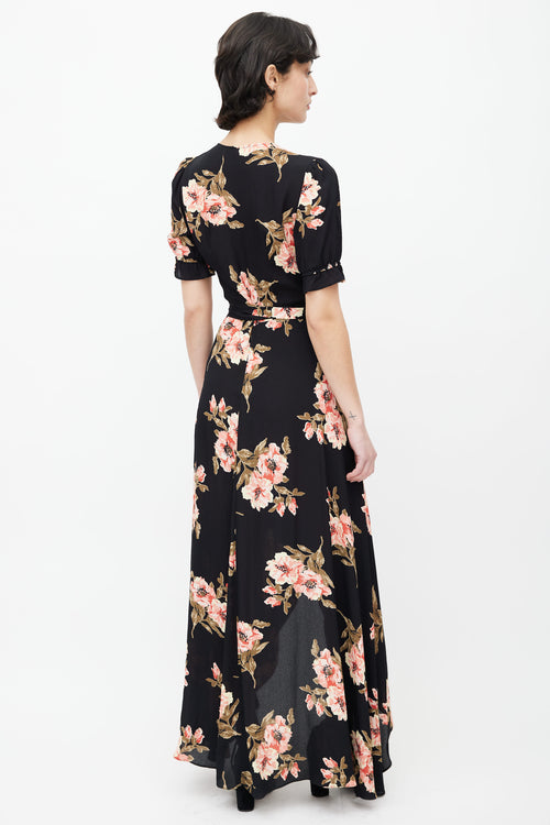 Reformation Black & Pink Floral Print Wrap Dress