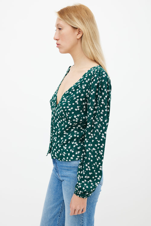 Reformation Green & Cream Nell Floral V-Neck Blouse