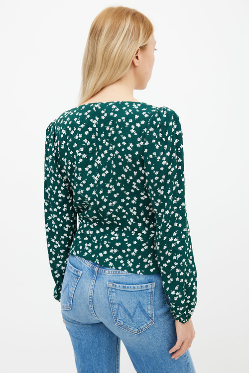 Reformation Green & Cream Nell Floral V-Neck Blouse