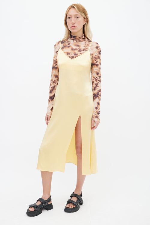 Reformation Yellow Silk V-Neck Slit Dress