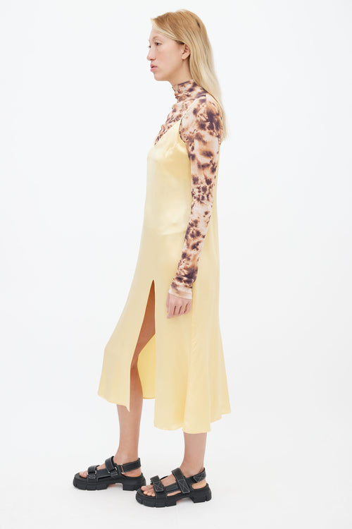 Reformation Yellow Silk V-Neck Slit Dress