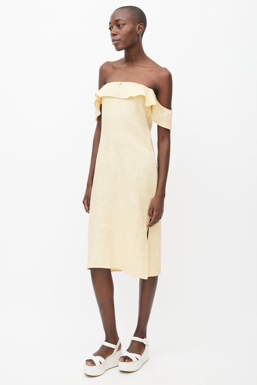 Reformation Yellow Linen Ruffle Off Shoulder Dress