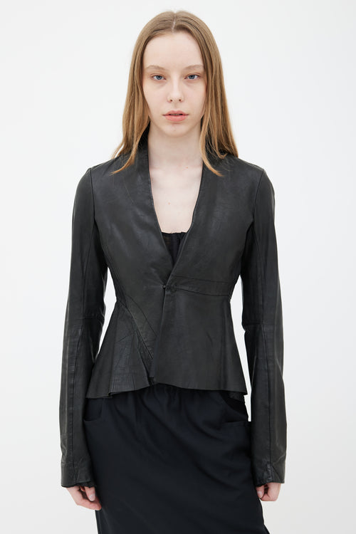 Rick Owens Black Leather Asymmetrical  Jacket