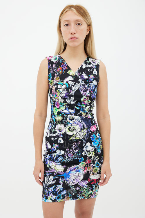 Roberto Cavalli Black & Multicolor Floral Sci-Fi Mini Dress