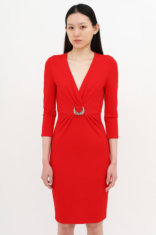 Roberto Cavalli Red Stretch Jersey Jeweled Buckle Dress