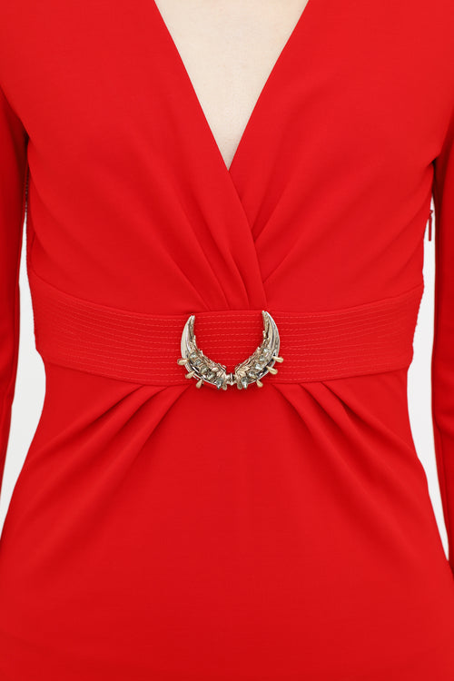 Roberto Cavalli Red Stretch Jersey Jeweled Buckle Dress