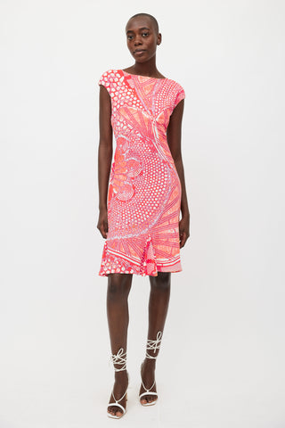 Roberto Cavalli Red & White Abstract Print Dress