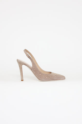 Ron White Taupe Suede Crystal Embellished Slingback Heels