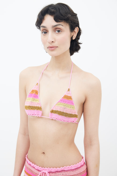 Rose Carmine Pink & Metallic Stripe Spirales Bikini & Culotte Set