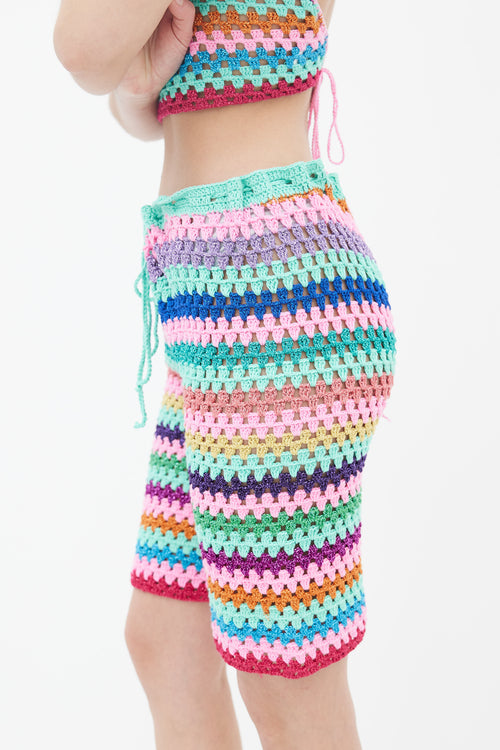 Rose Carmine Multicolor Metallic Stripe Crochet Knit Short