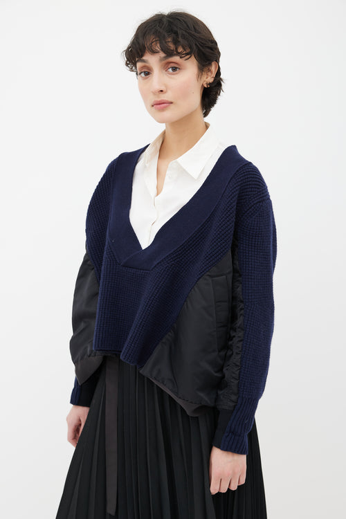 Sacai Blue Knit & Black Nylon Panel V-Neck Sweater