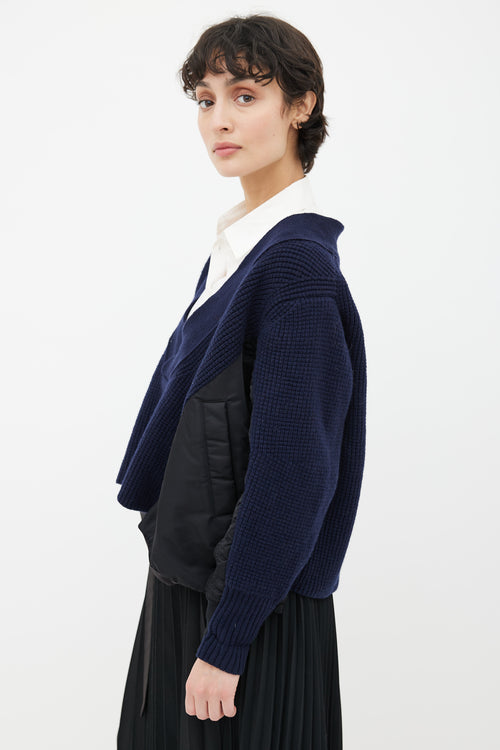 Sacai Blue Knit & Black Nylon Panel V-Neck Sweater