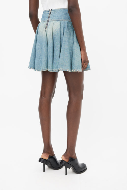 Sacai Luck Blue Faded Cotton Denim Stud Trim Mini Skirt