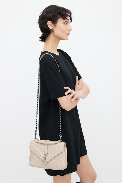 Saint Laurent Taupe College Medium Quilted Leather Chain Shoulder Bag