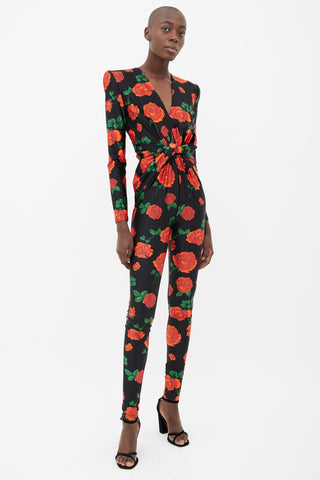 Saint Laurent Black & Rose Print Long Sleeve Jumpsuit