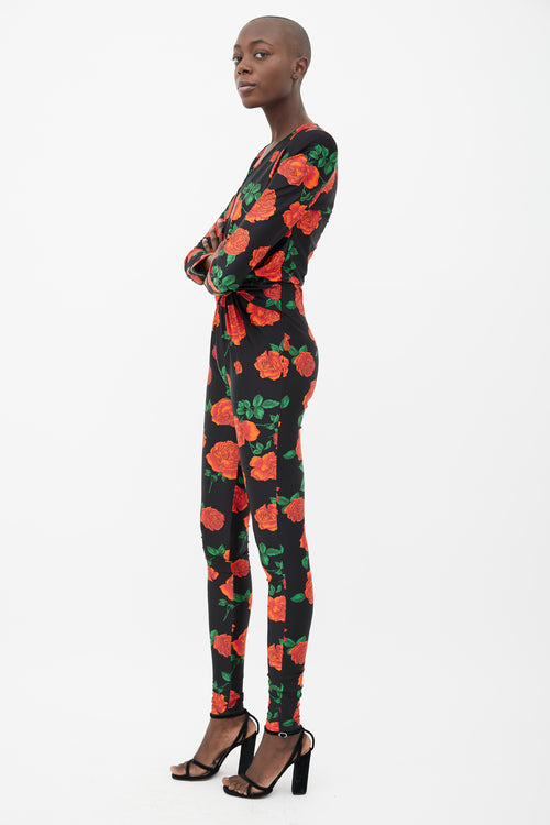 Saint Laurent Black & Rose Print Long Sleeve Jumpsuit