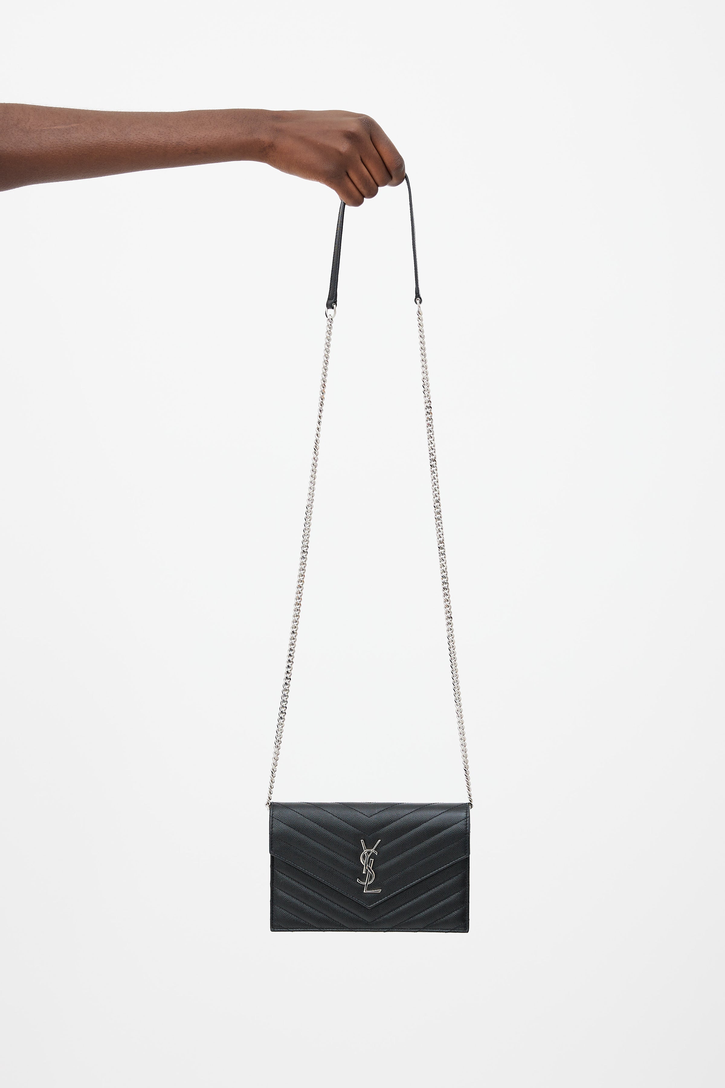 Cassandre Matelasse Envelope Leather Wallet On Chain in Black